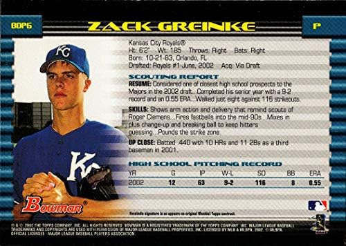 2002 Bowman nacrt bira Baseball BDP6 Zack Greinke Rookie Card