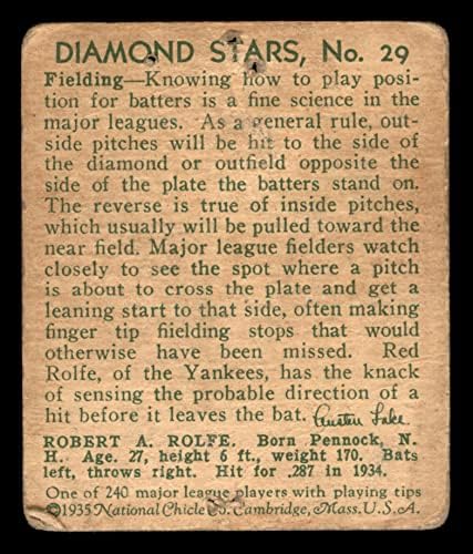1935 Diamond Stars 29 Red Rolfe New York Yankees Loše Yankees