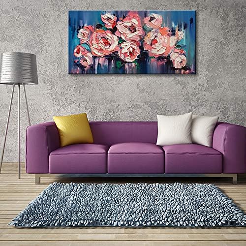 KLVOS veliki cvjetni zid Art Giclee Print na platnu Pink Teal plavi božur cvijet cvjetna Galerija slika Wrap Girl dnevna soba pejzaž