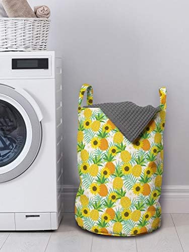 Ambesonne ljetna torba za pranje veša, kontinuirani Suncokreti i ananas u stilu Doodle, korpa za korpe sa ručkama zatvaranje Vezica za pranje veša, 13 x 19, višebojna