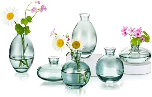 Stakleni pupoljni vasi set 6, Hewory Slatka zelena mala vaza ručno rađena, mini staklena cvjetna vaza za cvjetne aranžmane, maleni
