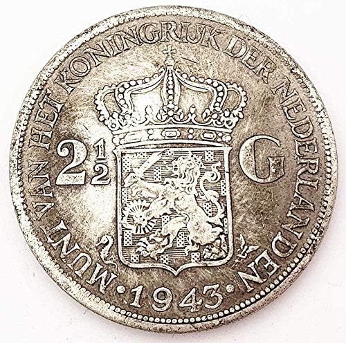 1943 holandski štit starinski stari bakra i srebrna kovanica kovanica kovanica kraljica Wilhelmina komemorativni sibrni novčić za novčiće za uređenje doma
