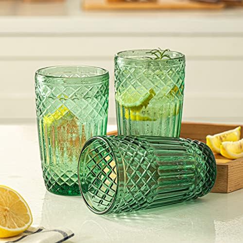 INSETLAN Vintage zelene naočare za piće Set od 4 velika staklena posuđa sa reljefnim uzorkom, Set staklenih čaša za Vintage staklo,