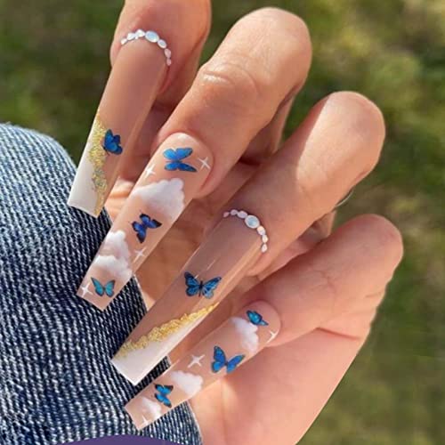 Kamize Long Cloud Press on Nails Coffin Acrylic Gold lažni nokti leptir Bling lažni nokti za žene i djevojke 24kom