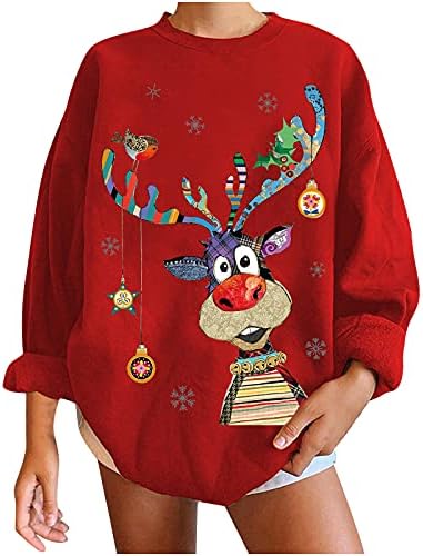 Qtocio duks za žene Božićne prevelike smiješne džempene Xmas Holiday Print Crewneck Pulover Thirts s dugim rukavima