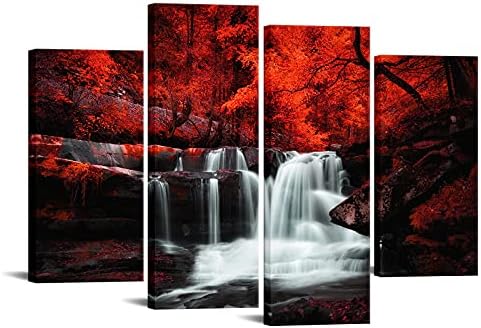 LevvArts crno bijela i crvena zidna Umjetnost 4 komada Crveno drvo šuma vodopad slika na platnu Print jesenje pejzažne slike uokvirene