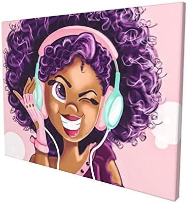 Afroamerička djevojka platnena zidna Umjetnost crna djevojka ljubav Muzika magija ljubičasta kosa platno umjetnički Poster Pink zidni dekor za djevojčice soba spavaća soba dnevni boravak spreman za vješanje 12x16 inča