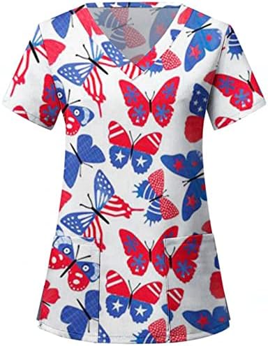 4. jula vrhovi za žene američka zastava ljetna kratka rukava V-izrez košulja sa 2 džepa bluza Top Holiday Casual Workwear