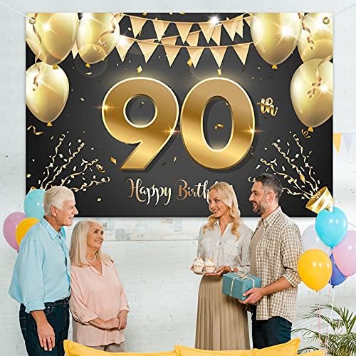 HAMIGAR 6x4ft Happy 90th Birthday Banner Backdrop-90 godina rođendan dekoracije potrepštine za zabavu za žene muškarci-crno zlato