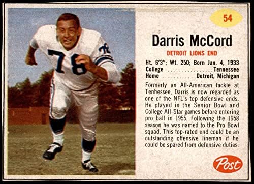 1962 Post Cereal 54 Darris McCord Detroit Lions Ex / Mt Lions Tennessee