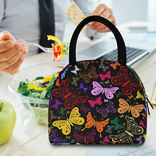 ALAZA Butterfly na crnoj torbi za ručak tote izolovane hladnjače torbe za višekratnu upotrebu kutija za ručak prenosivi za žene djecu