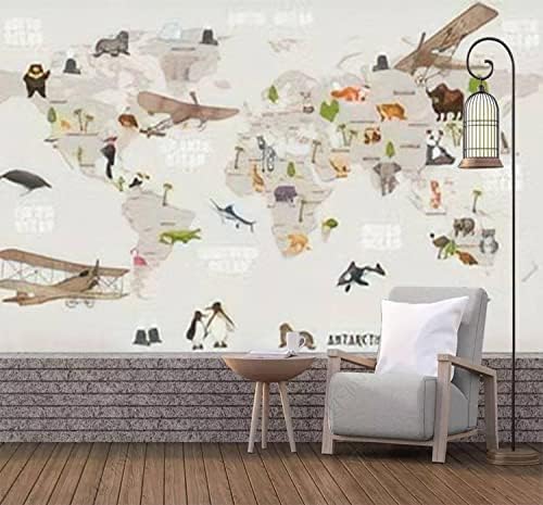 Auhovimgz Vintage Životinje Mapa svijeta za djecu Wallpape platnena pozadina Samoljepljivi privremeni zidni zidni zidni zidni zidni