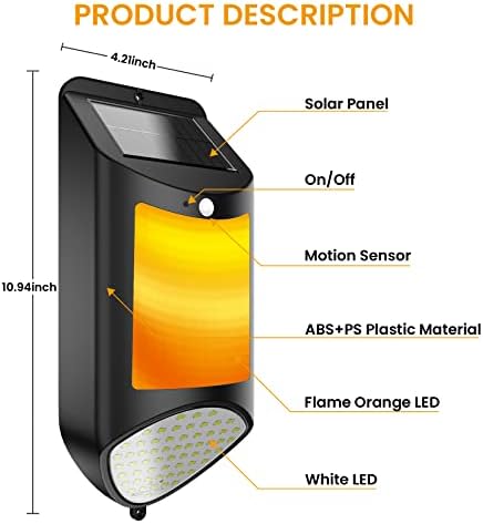 Ftoyin Solar Flame lampica vanjska zidna lampa, senzor motala tamni senzor Automatski prekidač vodootporan 59 LED solarna snaga zida