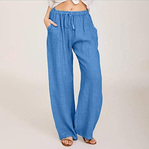 Yubnlvae hlače za žene pamučno i posteljina visokog struka elastičnog nacrta s džepovima čvrste široke noge labave pantalone