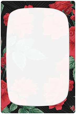 Alaza Crvena ruža Cvijeće sa listovima krevetića ugrađene bassinet listom za dječake Djevojke djevojke, standardne veličine 52 x 28