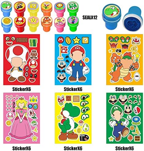 Mario napravi naljepnice za lice, 48 komada Mario Party Favors za djecu, 36 komada Mario napravite vlastite naljepnice zabavni Craft