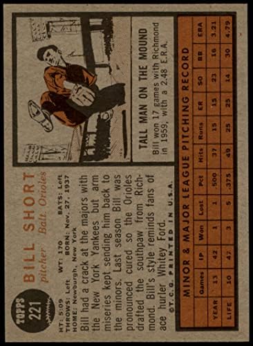 1962 TOPPS # 221 Bill kratki Baltimore Orioles Dean's Cards 5 - Ex Orioles