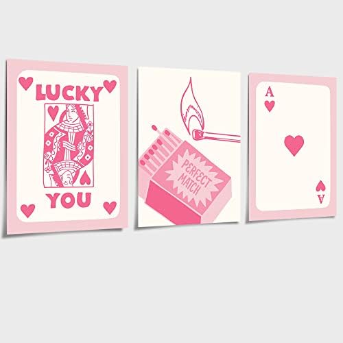 Ixmah Vintage Pink Queen Ace Of Hearts Poker Posteri Set od 3 za sobu estetski sreća vi igrate Card Canvas Wall Art trendi kazino