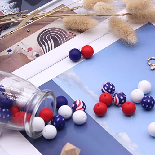 ArtCentury američka zastava Print i Star Print silikonske perle za izradu privjesaka za ključeve, Crvene silikonske perle 15mm, 15mm silikonske perle rasute plave i bijele silikonske perle s kompletima s resicama za Dan nezavisnosti