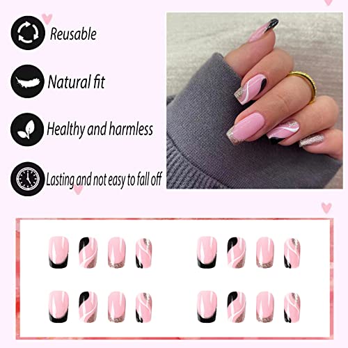 YOSOMMK Pink Press na noktima kratki kvadratni lažni nokti sa prugama i šljokicama dizajn sjajni puni poklopac lažni nokti Crni francuski