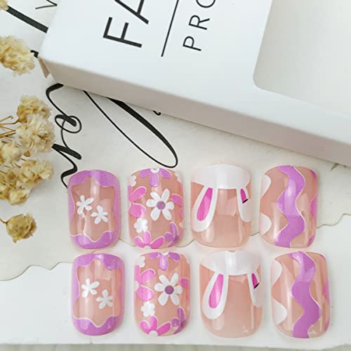 Uskršnja presa na noktima zeka lažni nokti kratki kvadratni lažni nokti ljepilo na noktima zečje cvijeće dizajn Blossom Decor Pink