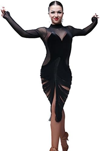 YILINFEIER žene Crne duboke V vrat s resicama dugi rukavi Ballroom Waltz Salsa plesne haljine