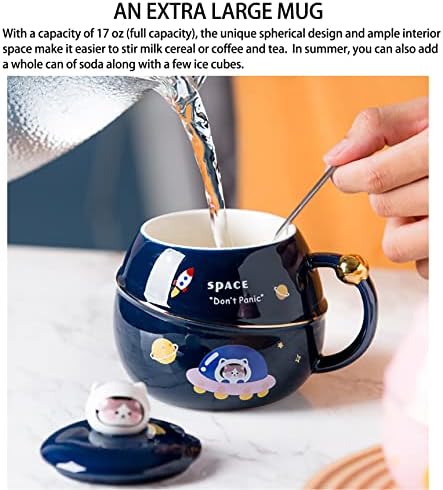 Slatka šolja za mačke astronauta sa poklopcem i kašikom, Kawaii Božićni pokloni keramičke šolje za kafu / čaj/toplu čokoladu/mleko