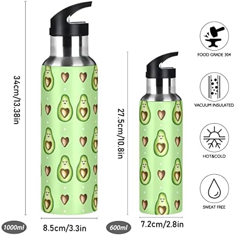 Glahy avokado i srca zelena boca sa slamkom poklopca, BPA, 32 oz vode za vodu izolirani nehrđajući čelik, za školu, ured, teretanu,