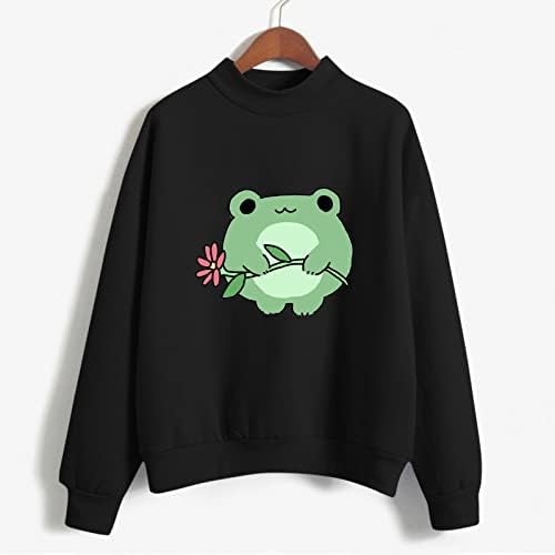 Kcjgikpok ženska slatka dukserica žaba, tinejdžerske djevojke kawaii žaba otisnuta okrugla vrat pulover dugih rukava ležerni džemper vrhovi