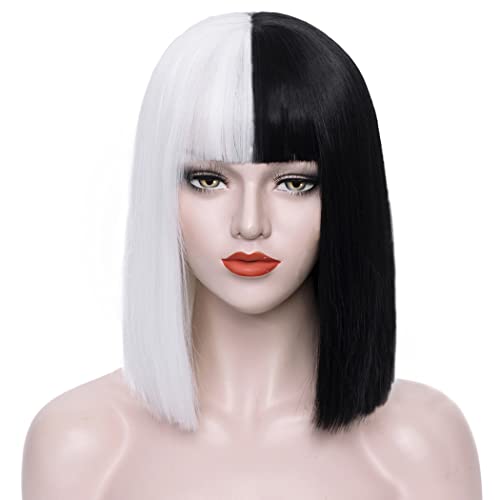 Juziviee crne bijele Bob perike za Cruella kostim ženska kratka kosa perika sa šiškama slatka prirodna meka kosa s perikama kape u