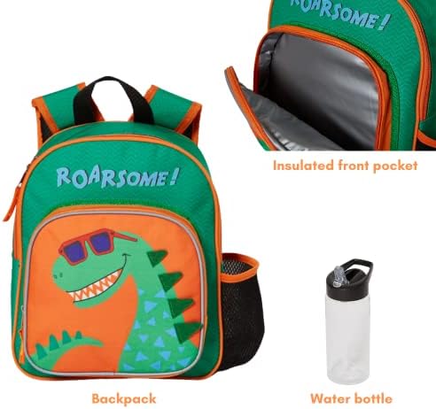 RALME Dinosaurus Mini ruksak Set sa flašom vode i izolovani džep za ručak za djecu & mališani - 12 inč, zeleni