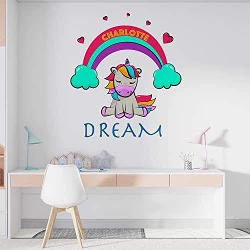 Rainbow jednorog zidni ukrasi - oblaci Kišni srčani umjetnički naljepnici - prilagođena naljepnica sa vlastitim imenom teksta - dječji