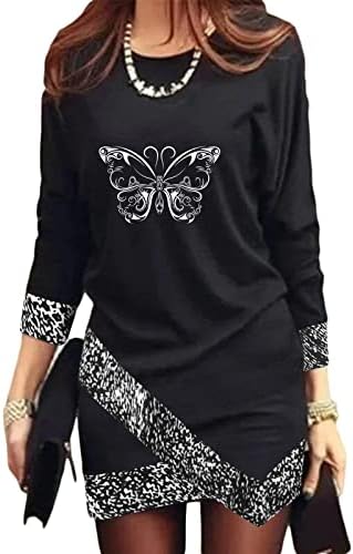 Žene Casual Shirt Dress Butterfly Print Dugi Rukav O Vrat Crne Shift Haljine Nepravilan Rub Labava Kratka Mini Haljina