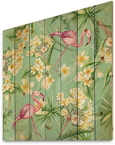 DesignQ Tropsko Lišće, Žuto Cvijeće Sa Flamingo V Tradicionalnim Drvenim Zidnim Dekorom, Umjetnost Zelenih Drvenih Zidova, Velike