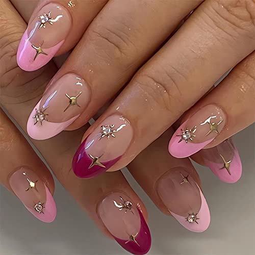 Imsohot kratka presa na noktima Ovalni francuski vrh lažni nokti akrilni sjajni lažni nokti lepak na noktima ružičasti okrugli nokti sa dizajnom od vještačkog kamena 24kom