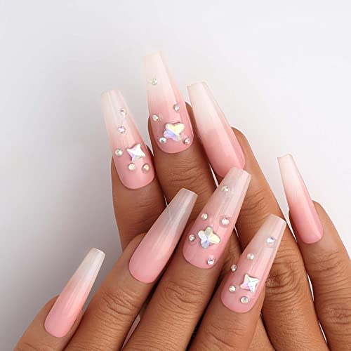 Florry Extra Long Fake Nails Coffin Press on Nails with Rhinestone Glossy Pink False Acril Nails for women and Girls 24kom