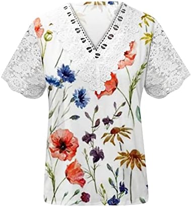 Trendi T majice za žene Crochet čipke V bluza za izrez Cvjetni izrez za ispis Kratki rukav Tees Ljetni elegantni vrhovi