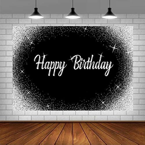 Happy Birthday Backdrop Glitter Silver Dots and Black Photography Background 5x3ft Birthday Party Decorations Banner for Any Age Men