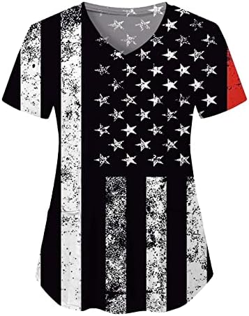 4. jula Tshirt za žene američka zastava ljetna kratka rukava V-izrez majica sa 2 džepa bluze praznična Ležerna radna odjeća