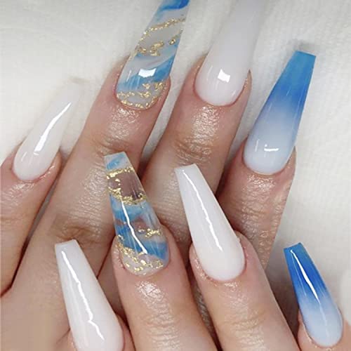 Dugi pritisak na nokte kovčeg lažni nokti bijela plava zlatna folija lažni nokti s dizajnom akrilni umjetni sjajni gradijent manikir