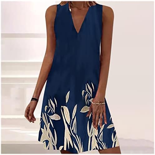 Nxxyeel haljine bez rukava za žene Ležerne ljetne dužine do koljena elegantni listovi s V-izrezom štampani Temperament udobna haljina