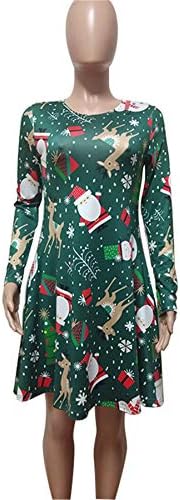 Andongnywell ženski Božićni Print okrugli vrat Casual raširena Midi haljina Božić štampane Swing haljine sa džepovima