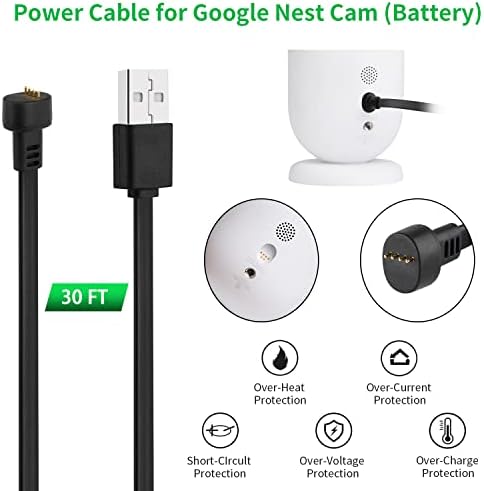 Kabl za napajanje sa 2 lampica sa Google Nest Cam, 30ft / 9,1m otporan na vremenski otporan na vanjski kabl koji se neprekidno punim