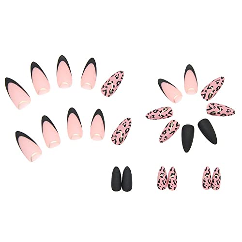 RIICFDD Press na noktima srednji Bademasti oblik lažni nokti Crni francuski vrh lepak na noktima sa leopardom dizajna sjajni ružičasti