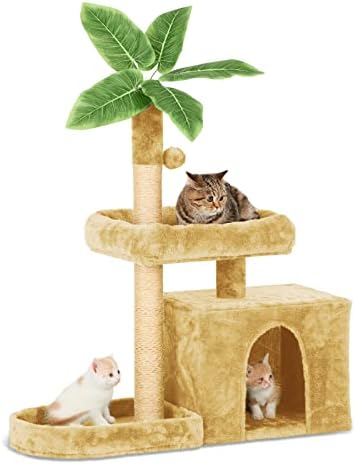 TSCOMON 31.5 Cat Tree Cat Tower za zatvorene mačke sa zelenim listovima, Cat Condo udobna plišana kuća za mačke sa Visećom loptom