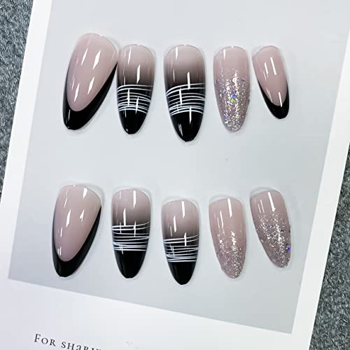 OLIUKJU francuski Savjeti Press na noktima srednji badem Crni akril lažni nokti Glitter Sequin s bijelom linijom dizajn lažni nokti