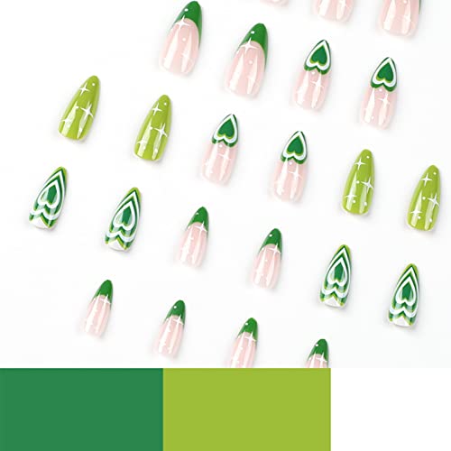 NAISKA Valentinovo Press na noktima srednje dužine badem lažni nokti akril Zeleno srce oblik izuzetan Full Cover dizajn Pink francuski