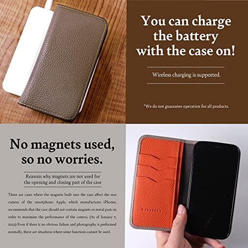 Hanatora] iPhone13Pro Flip case sa držačem kartice od prave kože poklopac telefona Moderan kvalitet case No magneti za žene muškarci Grege + narandžasta PH-13pro-Grege-OG