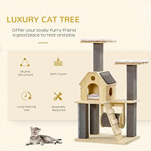 Pawhut COZY-House CAT stablo za unutrašnje mačke sa jastukom na prekrivenim jastukom, vrtećim igračkama, modernom penjačkom djelatnosti