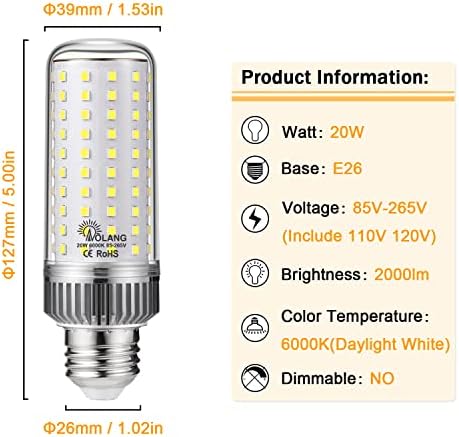 AOLANG E26 LED sijalica,20W LED žarulja za kukuruz 180W ekvivalentna 6000K dnevna svjetlost Bijela 2000lm bez zatamnjivanja Stropni